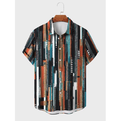 Mens Colorful Striped Print Lapel Holiday Short Sleeve Shirts