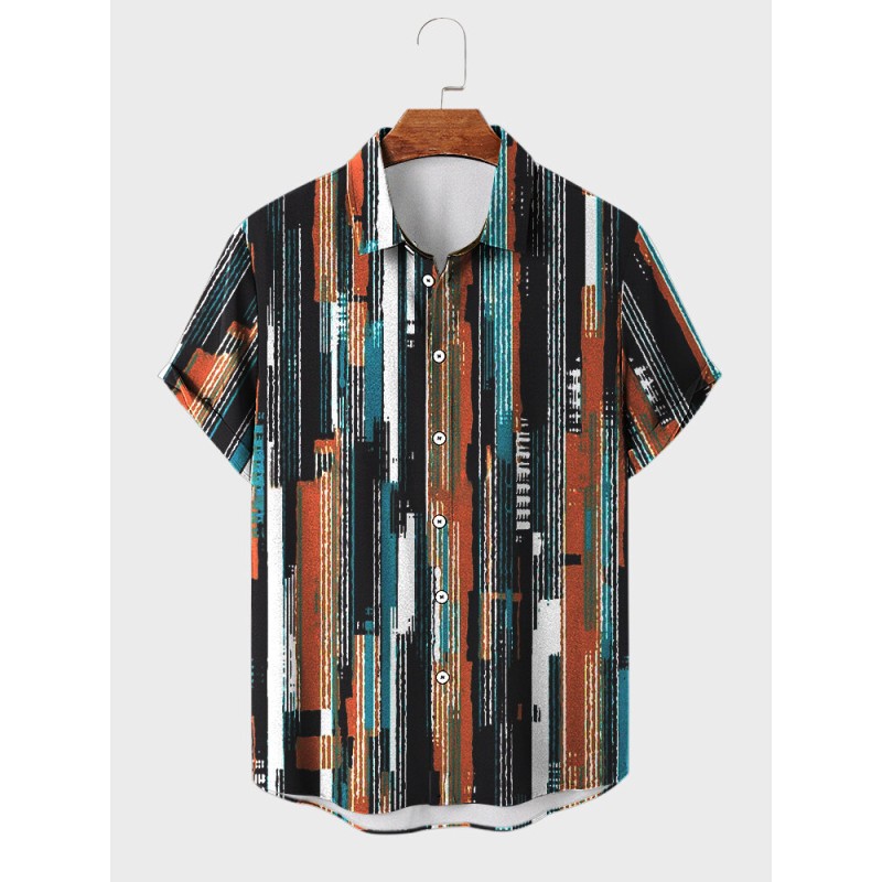 Mens Colorful Striped Print Lapel Holiday Short Sleeve Shirts