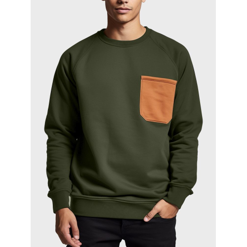 Mens Contrast Chest Pocket Crew Neck Casual Pullover Sweatshirts