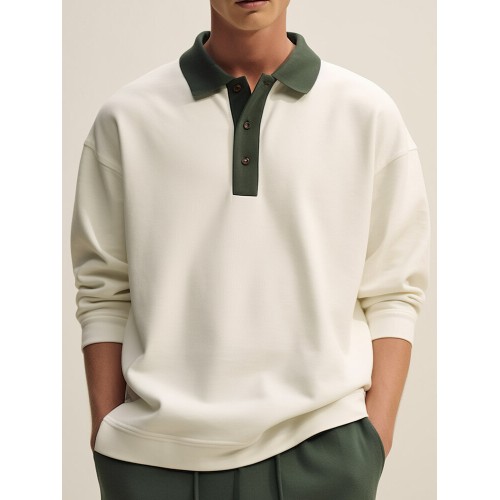 Mens Contrast Collar Long Sleeve Casual Loose Golf Shirts