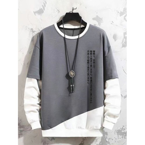 Mens Contrast Patchwork Japanese Print Loose Crew Neck Pullover Sweatshirts