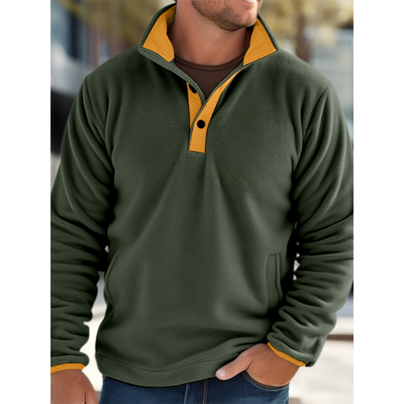 Mens Contrast Patchwork Stand Collar Fleece Casual Pullover Sweatshirts