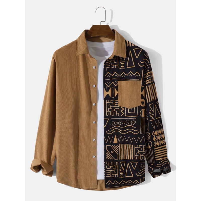 Mens Corduroy Tribal Utensil Printed Long Sleeve Front Buttons Shirts