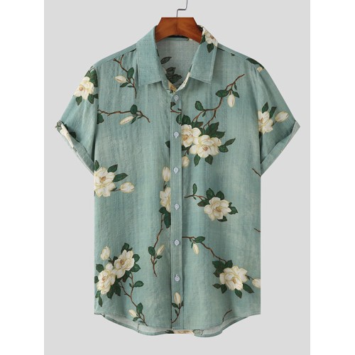 Mens Cotton Linen Ethnic Floral Print Shirt