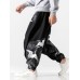 Mens Crane Print Casual Loose Bound Feet Pants