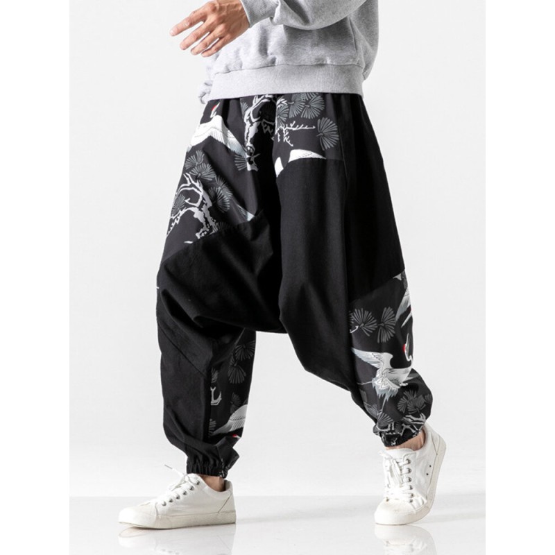 Mens Crane Print Casual Loose Bound Feet Pants