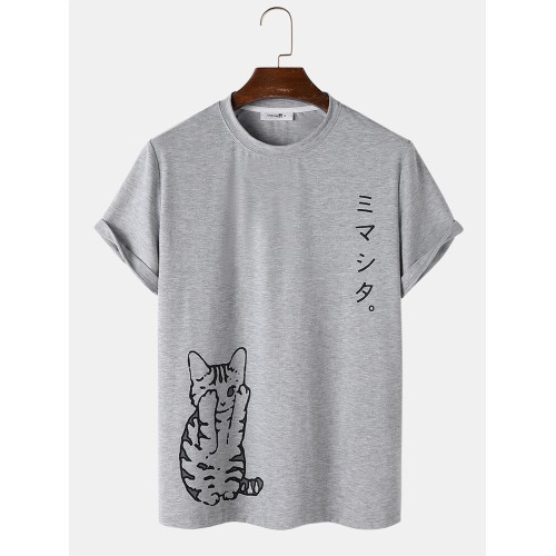 Mens Cute Japanese Cat Print Crew Neck Short Sleeve T-Shirts