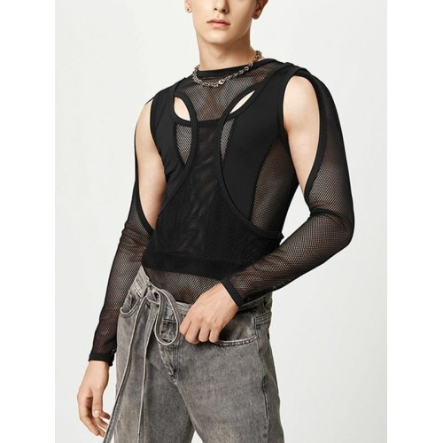 Mens Cutout Mesh See Through Solid Long Sleeve T-Shirt