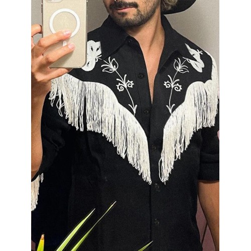 Mens Embroidered Fringe Long Sleeve Shirt