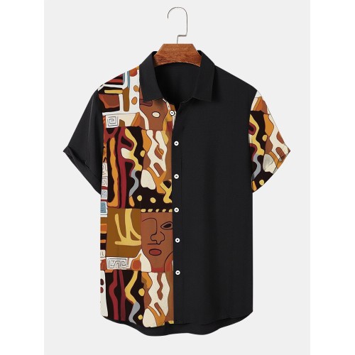 Mens Ethnic Abstract Print Patchwork Lapel Short Sleeve Shirts