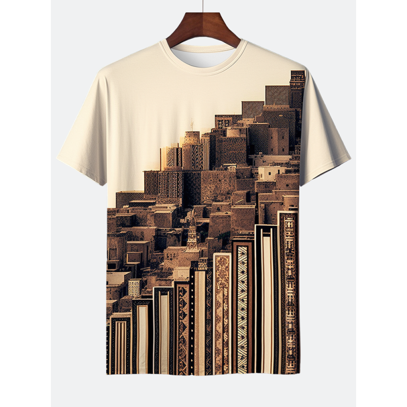 Mens Ethnic Architecture Print Crew Neck Short Sleeve T-Shirts