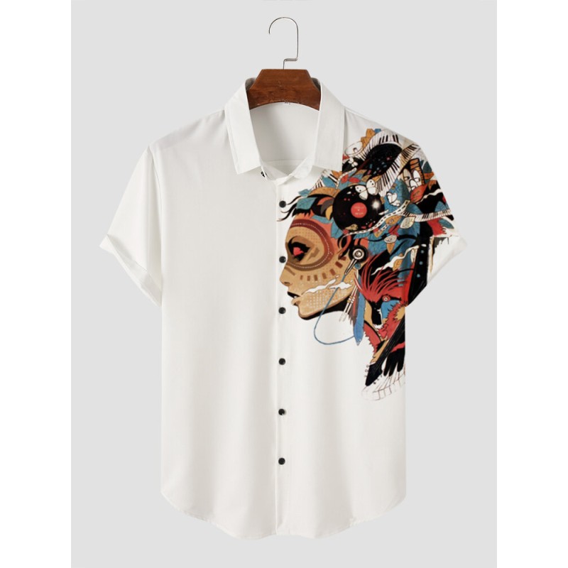 Mens Ethnic Figure Side Print Lapel Short Sleeve Shirts