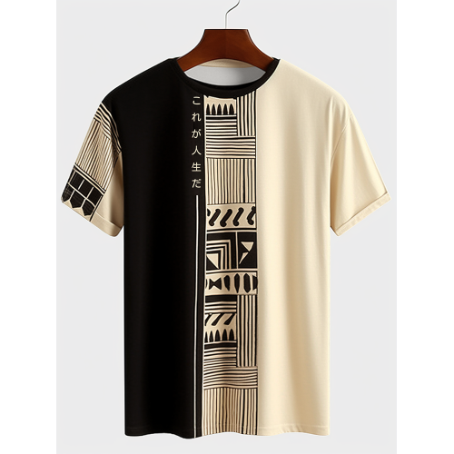 Mens Ethnic Geometric Japanese Print Patchwork Short Sleeve T-Shirts