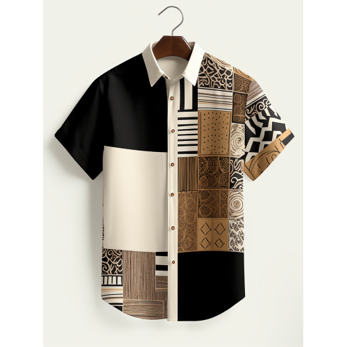 Mens Ethnic Geometric Pattern Color Block Short Sleeve Shirts