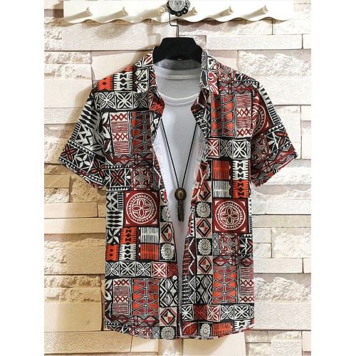 Mens Ethnic Geometric Pattern Lapel Collar Short Sleeve Shirts