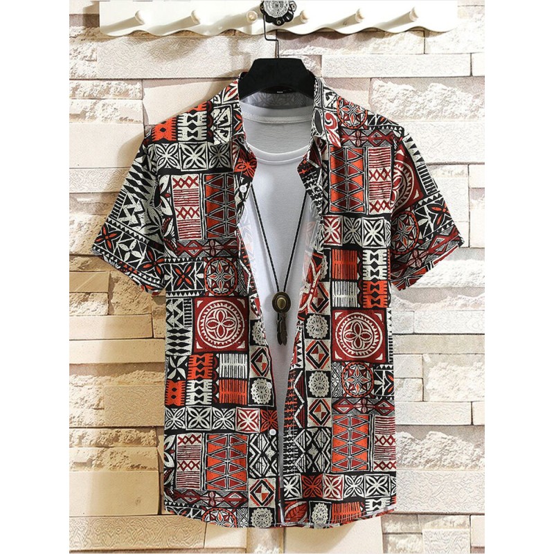 Mens Ethnic Geometric Pattern Lapel Collar Short Sleeve Shirts