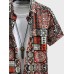 Mens Ethnic Geometric Pattern Lapel Collar Short Sleeve Shirts