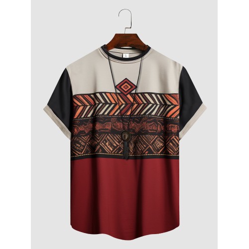 Mens Ethnic Geometric Pattern Patchwork Crew Neck Short Sleeve T-Shirts