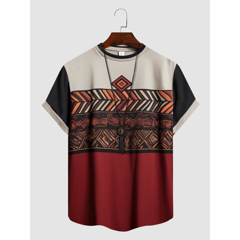 Mens Ethnic Geometric Pattern Patchwork Crew Neck Short Sleeve T-Shirts