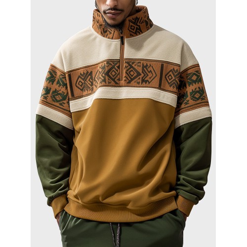 Mens Ethnic Geometric Pattern Patchwork Half Zip Pullover Sweatshirts