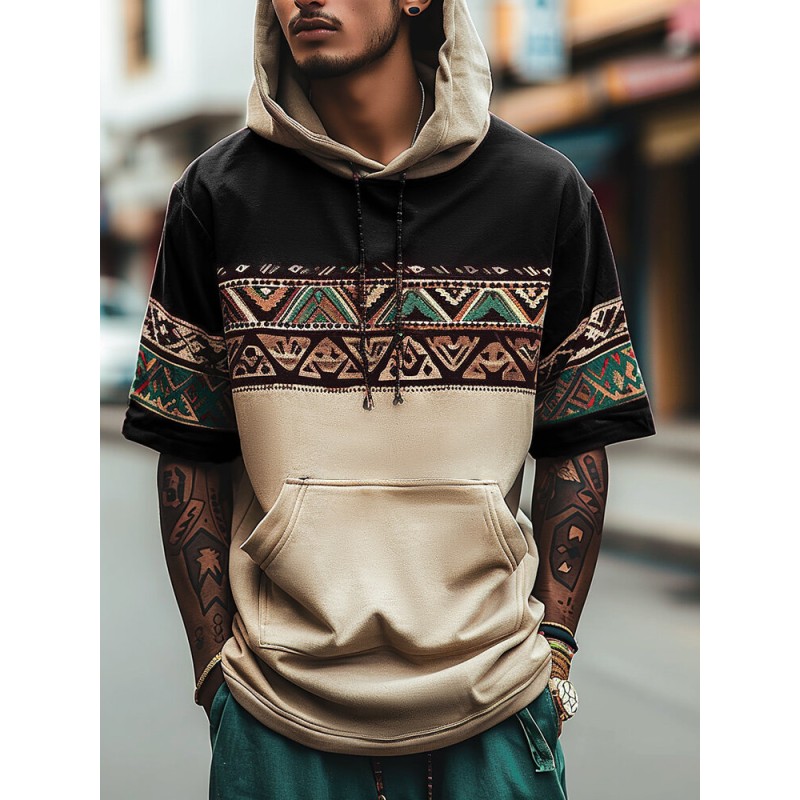 Mens Ethnic Geometric Pattern Patchwork Hooded Short Sleeve T-Shirts