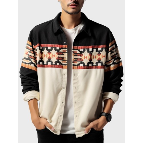 Mens  Ethnic Geometric Pattern Patchwork Lapel Long Sleeve Shirts