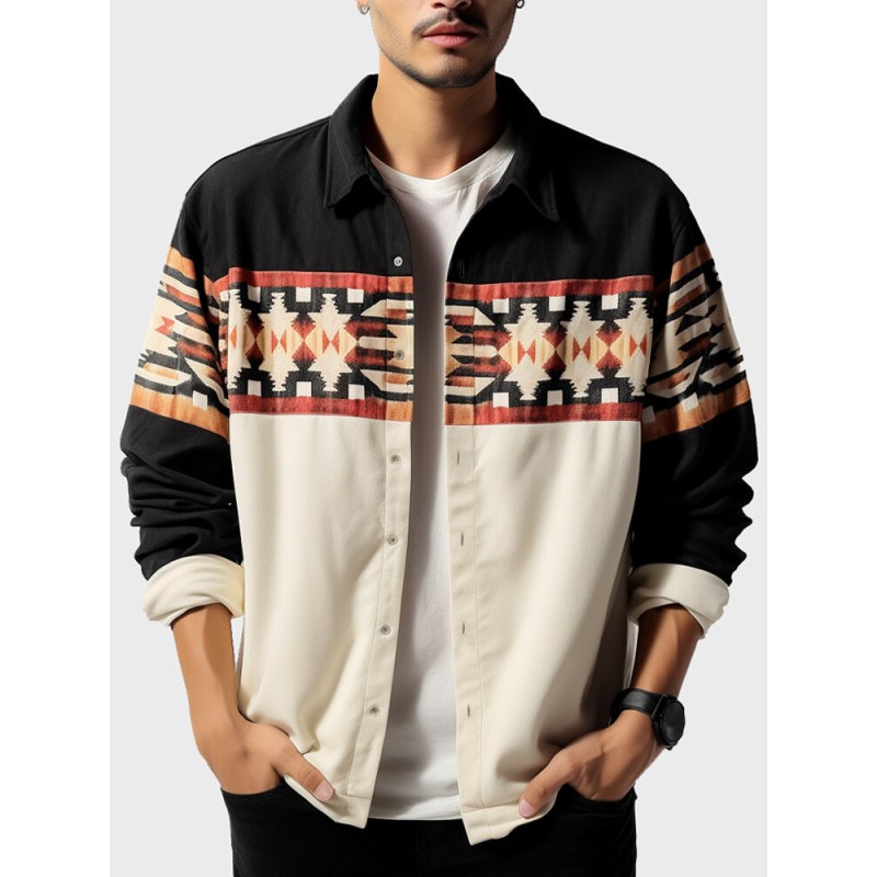 Mens  Ethnic Geometric Pattern Patchwork Lapel Long Sleeve Shirts