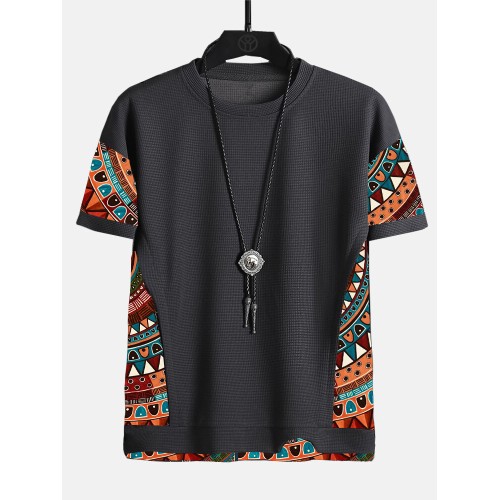 Mens Ethnic Geometric Pattern Stitching Texture Short Sleeve Streetwear T-Shirts