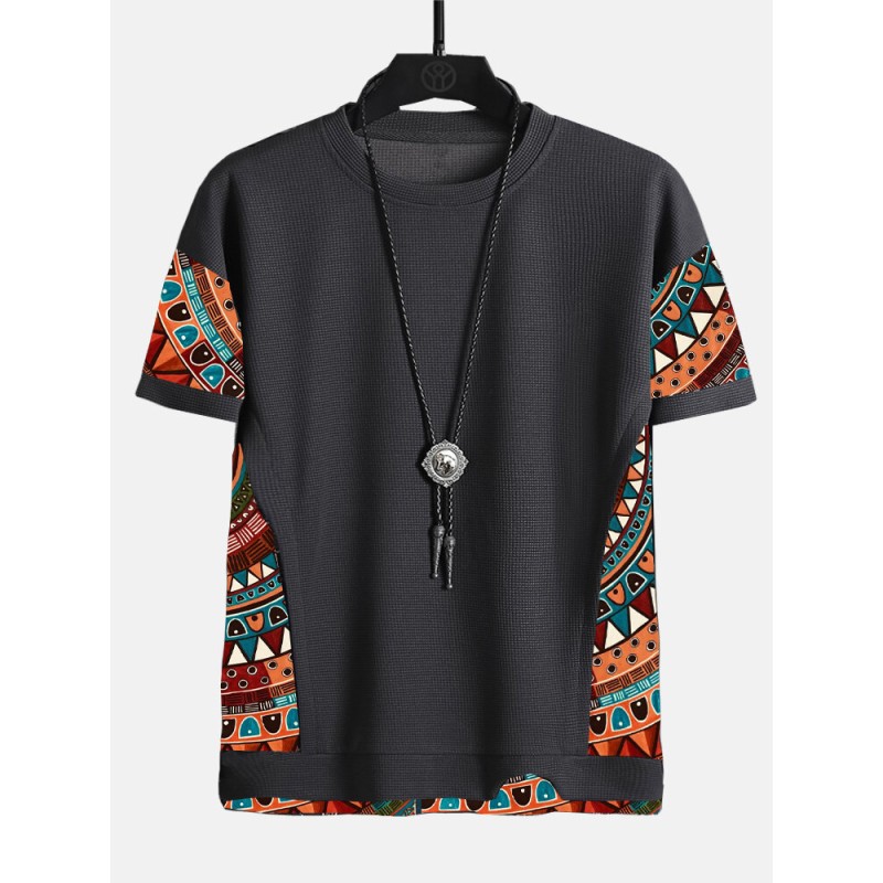 Mens Ethnic Geometric Pattern Stitching Texture Short Sleeve Streetwear T-Shirts