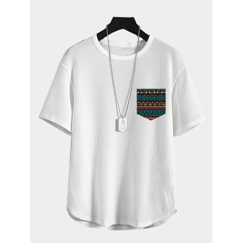 Mens Ethnic Geometric Pocket Knit Curved Hem Short Sleeve T-Shirts