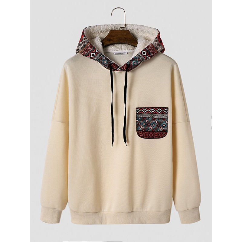 Mens Ethnic Geometric Print Chest Pocket Plush Lined Drawstring Hoodies