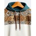 Mens Ethnic Geometric Print Color Block Patchwork Drawstring Hoodies