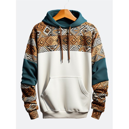 Mens Ethnic Geometric Print Color Block Patchwork Drawstring Hoodies