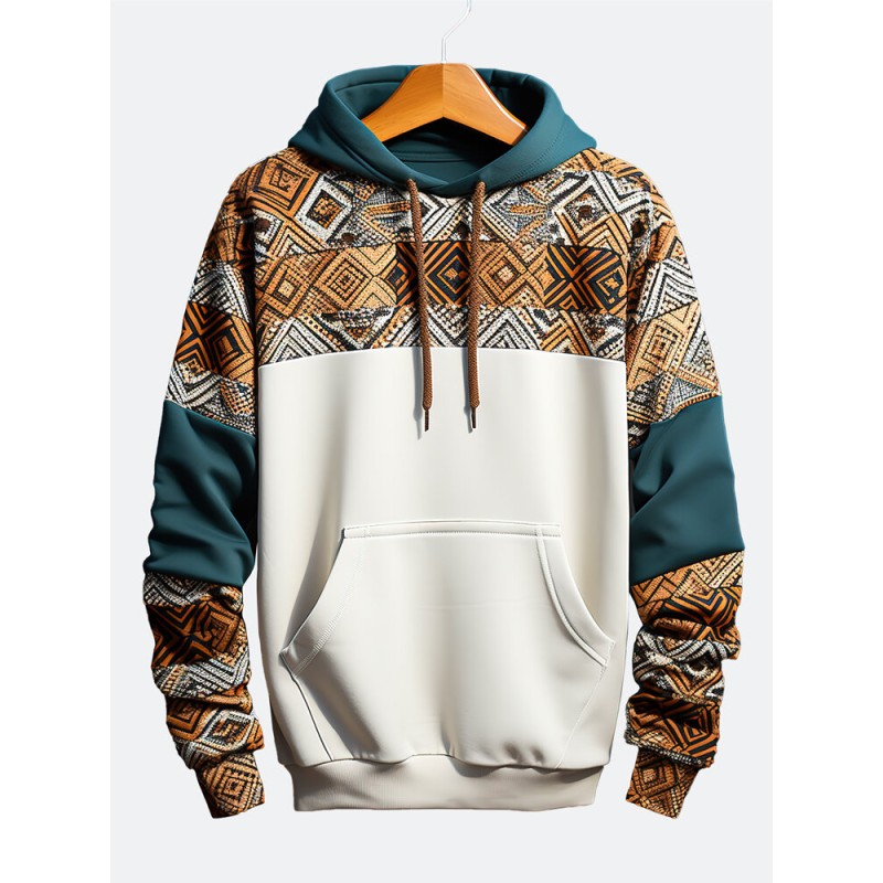 Mens Ethnic Geometric Print Color Block Patchwork Drawstring Hoodies