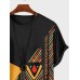 Mens Ethnic Geometric Print Crew Neck Curved Hem Short Sleeve T-Shirts