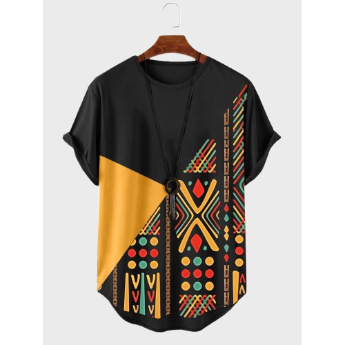 Mens Ethnic Geometric Print Crew Neck Curved Hem Short Sleeve T-Shirts