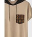 Mens Ethnic Geometric Print Curved Hem Hooded Short Sleeve T-Shirts