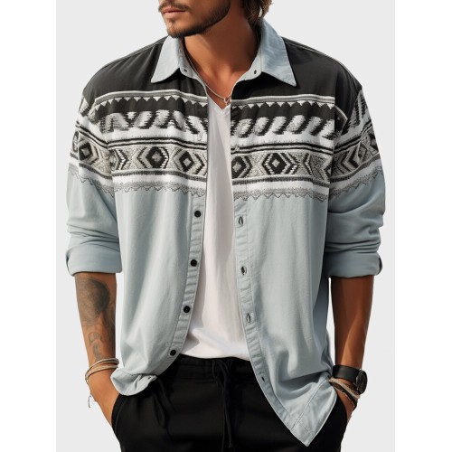 Mens Ethnic Geometric Print Lapel Button Up Long Sleeve Shirts