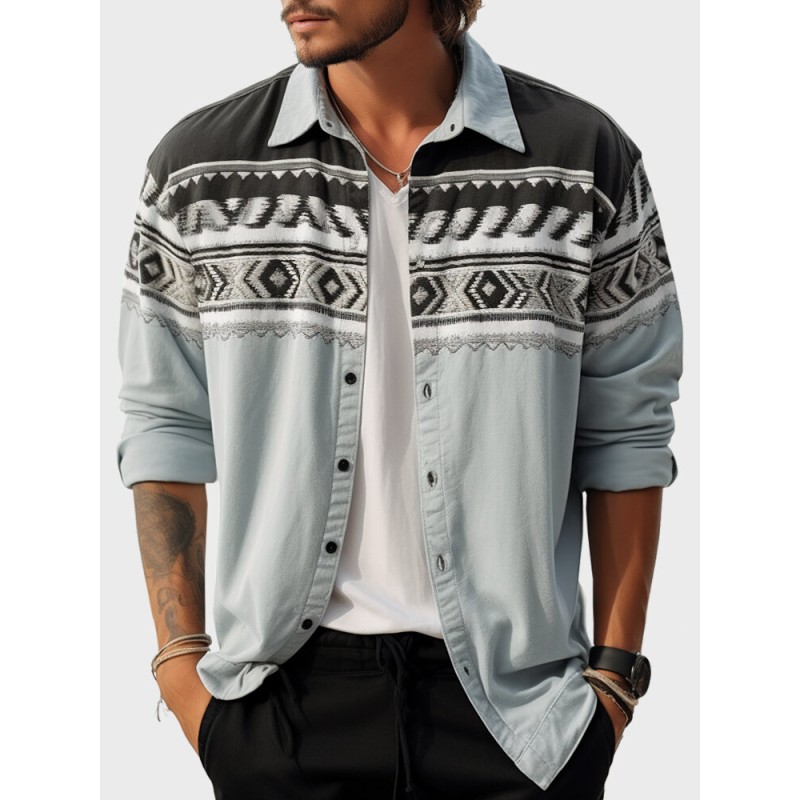 Mens Ethnic Geometric Print Lapel Button Up Long Sleeve Shirts