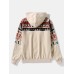 Mens Ethnic Geometric Print Patchwork Button Front Hooded Jacket