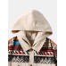 Mens Ethnic Geometric Print Patchwork Button Front Hooded Jacket