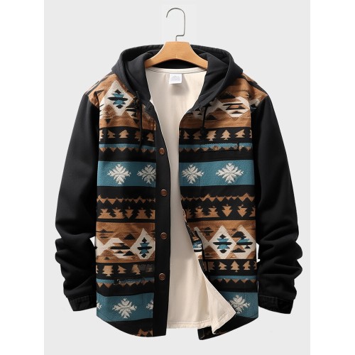 Mens Ethnic Geometric Print Patchwork Button Front Hooded Jacket