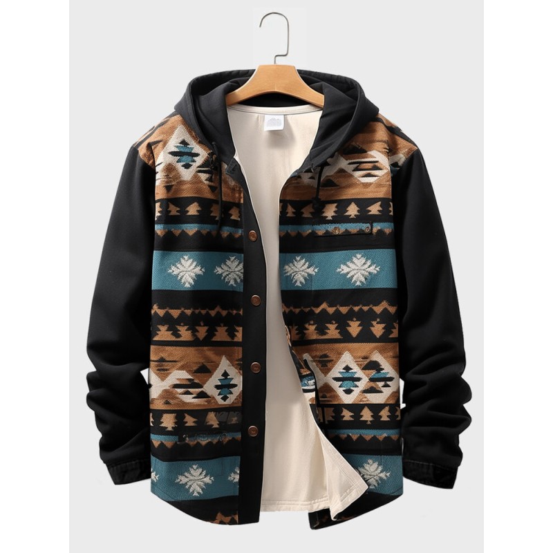 Mens Ethnic Geometric Print Patchwork Button Front Hooded Jacket