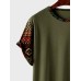 Mens Ethnic Geometric Print Patchwork Chest Pocket Curved Hem T-Shirts