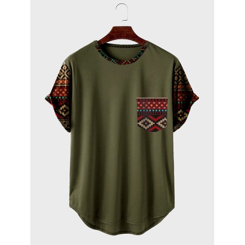 Mens Ethnic Geometric Print Patchwork Chest Pocket Curved Hem T-Shirts