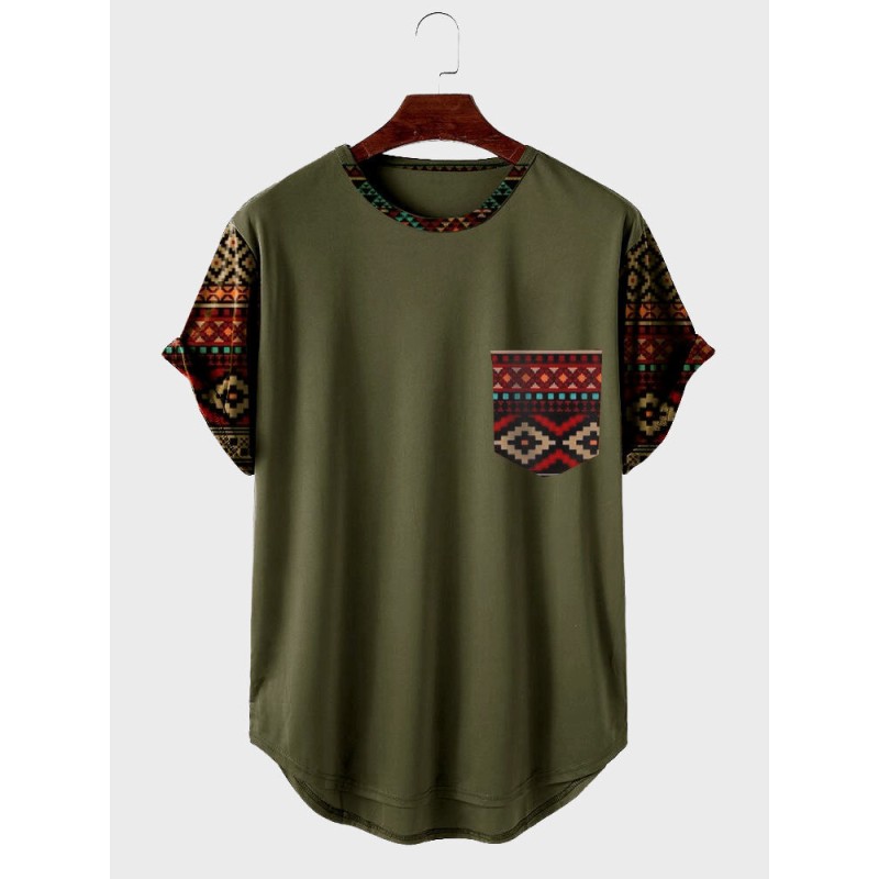 Mens Ethnic Geometric Print Patchwork Chest Pocket Curved Hem T-Shirts