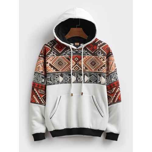 Mens Ethnic Geometric Print Patchwork Contrast Kangaroo Pocket Hoodies