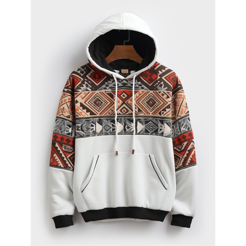 Mens Ethnic Geometric Print Patchwork Contrast Kangaroo Pocket Hoodies