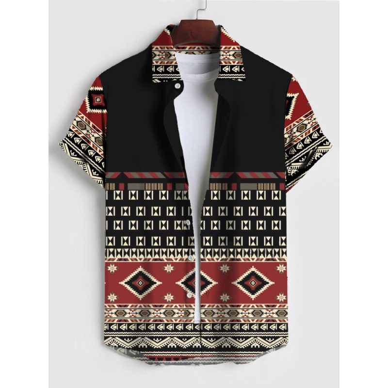 Mens Ethnic Geometric Print Patchwork Lapel Short Sleeve Shirts