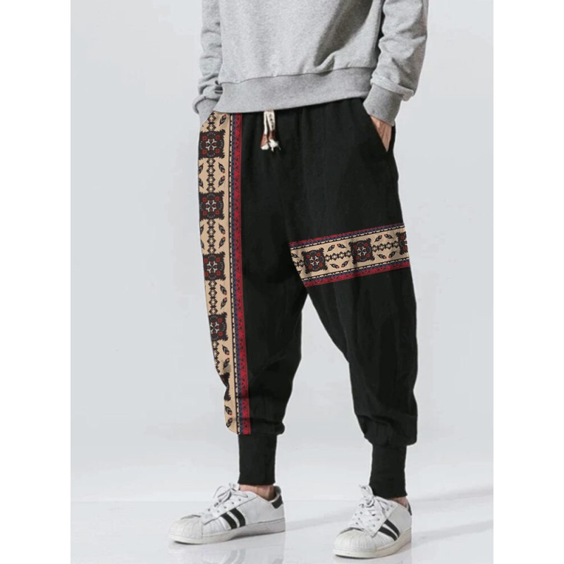 Mens Ethnic Geometric Print Patchwork Loose Drawstring Waist Pants